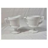 Fenton Hobnail Milk Glass Table Set – Creamer, Sugar, Bowl, Candlesticks
