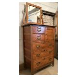 Antique Oak Highboy Chest of Drawers with Mirror
