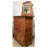Antique Oak Highboy Chest of Drawers with Mirror