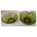 Two Vintage Green Glass Serving Bowls