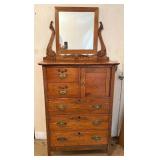 Antique Oak Highboy Chest of Drawers with Mirror