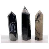 Natural Quartz Black Agate Obelisk Points - Smoky, Black & Clear, 3-Piece Set