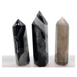 Natural Quartz Black Agate Obelisk Points - Smoky, Black & Clear, 3-Piece Set