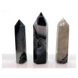 Natural Quartz Black Agate Obelisk Points - Smoky, Black & Clear, 3-Piece Set