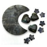 Labradorite Moon Crescent Slab & Heart & Star Cabochons Set