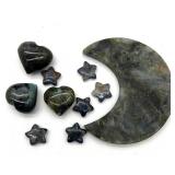 Labradorite Moon Crescent Slab & Heart & Star Cabochons Set
