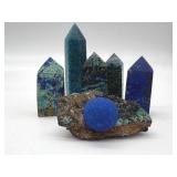 Azurite Malachite Towers Set of 5 & Blue Azurite Sphere on Rock