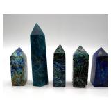 Azurite Malachite Towers Set of 5 & Blue Azurite Sphere on Rock