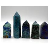 Azurite Malachite Towers Set of 5 & Blue Azurite Sphere on Rock