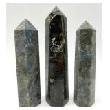 Labradorite Obelisk Crystal Towers - 3-Piece Set, Dark Gray with Blue Flash