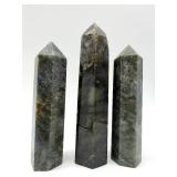Labradorite Obelisk Crystal Towers - 3-Piece Set, Dark Gray with Blue Flash