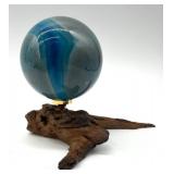 Blue Dyed Agate Sphere on Driftwood Base - 2 Dyed Agate Obelisks