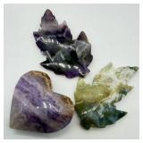 Amethyst Heart & Leaf Stones (Lot of 3)