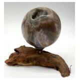 Polished Banded Agate Sphere on Driftwood Stand with Crystal Druzy