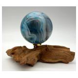 Blue Agate Sphere & Wood Stand - Decorative Orb Display Piece