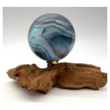 Blue Agate Sphere & Wood Stand - Decorative Orb Display Piece
