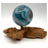 Blue Agate Sphere & Wood Stand - Decorative Orb Display Piece