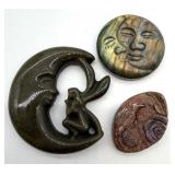 Hand-Carved Stone Pendants - Labradorite Moon Disc, Grapevine Oval & Crescent Ring (Lot of 3)