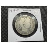 Better Date 1913-D Silver Barber Half Dollar