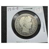Better Date 1913-D Silver Barber Half Dollar