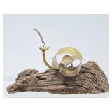 Very Cute Vintage Brass Snail Sculpture on Natural Wood Base