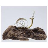 Very Cute Vintage Brass Snail Sculpture on Natural Wood Base