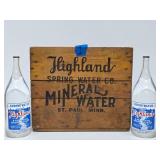 Excellent Vintage HIGHLAND Saint Paul Spring Water Wood Advertising Crates w/Full Sealed Bottles #1