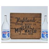 Excellent Vintage HIGHLAND Saint Paul Spring Water Wood Advertising Crates w/Full Sealed Bottles #4