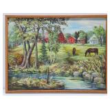 Very Nice Vintage Framed Signed Original Oil on Canvas Farm Scene w/Horses - Signed Ada Johnson
