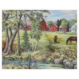 Very Nice Vintage Framed Signed Original Oil on Canvas Farm Scene w/Horses - Signed Ada Johnson