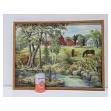 Very Nice Vintage Framed Signed Original Oil on Canvas Farm Scene w/Horses - Signed Ada Johnson