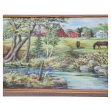 Very Nice Vintage Framed Signed Original Oil on Canvas Farm Scene w/Horses - Signed Ada Johnson