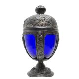 Beautiful Old Vintage Signed PNCW Cobalt Blue Glass & Ornate Cast Metal Jar