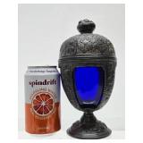 Beautiful Old Vintage Signed PNCW Cobalt Blue Glass & Ornate Cast Metal Jar