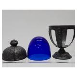Beautiful Old Vintage Signed PNCW Cobalt Blue Glass & Ornate Cast Metal Jar