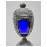 Beautiful Old Vintage Signed PNCW Cobalt Blue Glass & Ornate Cast Metal Jar