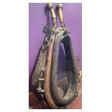 Vintage Leather Horse Harness with Brass Fittings and Padded Neck Collar