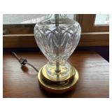Crystal Glass Table Lamp with Beige Fabric Shade, Faceted Body, Gold Base