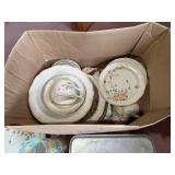 Floral china dinnerware set - Cups, saucers & plates & metal baking pans