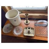 White Ceramic Crock, Glass Plate & stand & Wire Basket, Vintage Kitchenware