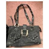 Two Black Studded Handbags - Buckle & Pocket Details