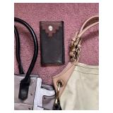 Two-Tone Leather Handbag Set with Wallet & Cardholder - Beige/Tan & Gray