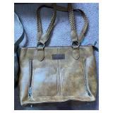 Brown Studded Leather Handbag w/ Brass Buckles - Tan Tote & Beige Hobo Bags & Harley Wallet