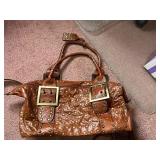 Brown Studded Leather Handbag w/ Brass Buckles - Tan Tote & Beige Hobo Bags & Harley Wallet