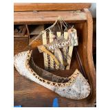 Primitive Welcome Sign Wall Decor With Fish, Netting & Weathered Wood Border & Birch Bark Canoe decor