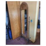 Arched Wicker Floor Mirror - Wrought Iron Scroll Stand