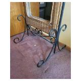Arched Wicker Floor Mirror - Wrought Iron Scroll Stand