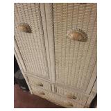 Beige Wicker Armoire Cabinet - 2 Doors, 4 Drawers, Carved Floral Panels