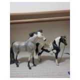Pair of Saddled Horse Figurines - Grey and Black/White Pinto with Ornate Saddles