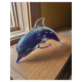 Dolphin Glass Sculpture - Blue Murano-Style with Multicolor Inclusions